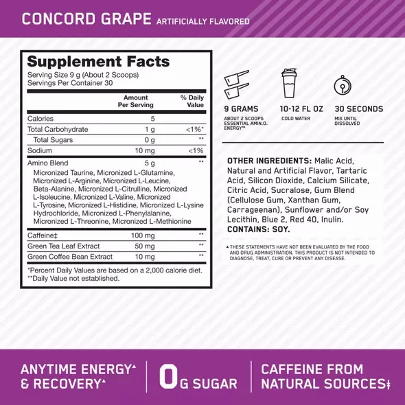 Optimum Nutrition ESSENTIAL AMIN.O. ENERGY® Concord Grape 0.6 lb (30 Servings) Schweiz | 2746BVTZK