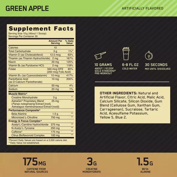 Optimum Nutrition GOLD STANDARD® Pre-Workout Green Apple 0.66 lb (30 Servings) Schweiz | 2389CRLWX