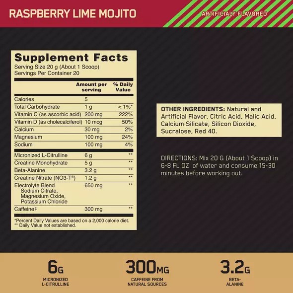 Optimum Nutrition GOLD STANDARD® Pre Advanced Raspberry Lime Mojito 0.88 lb (20 Servings) Schweiz | 9301PWIAB