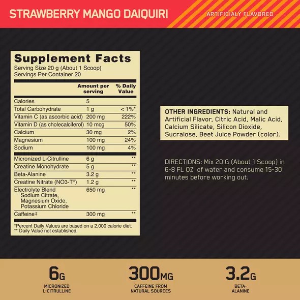 Optimum Nutrition GOLD STANDARD® Pre Advanced Strawberry Mango Daiquiri 0.88 lb (20 Servings) Schweiz | 4921FORCX
